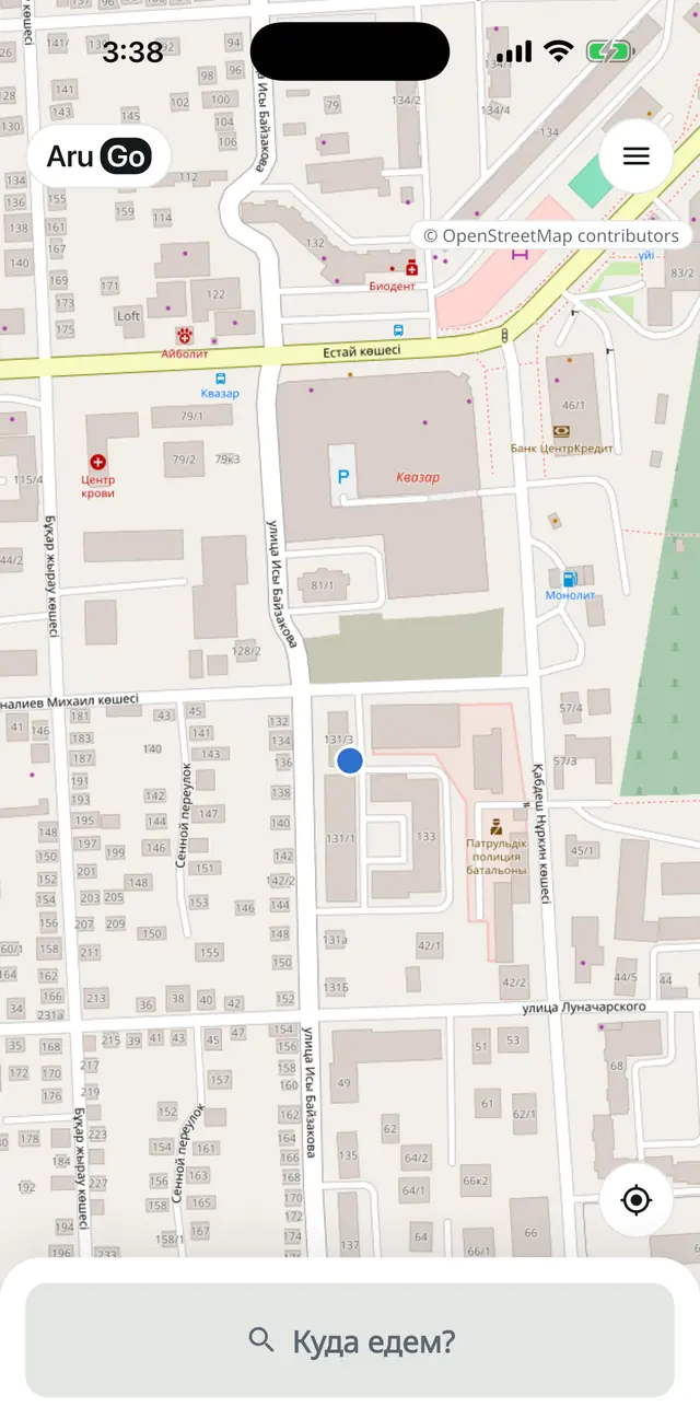 Passenger screen: a map of the village with the current location pin and a “Where to?” search bar at the bottom.